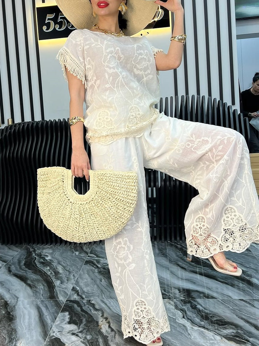 Lace Crew Neck Floral Pants