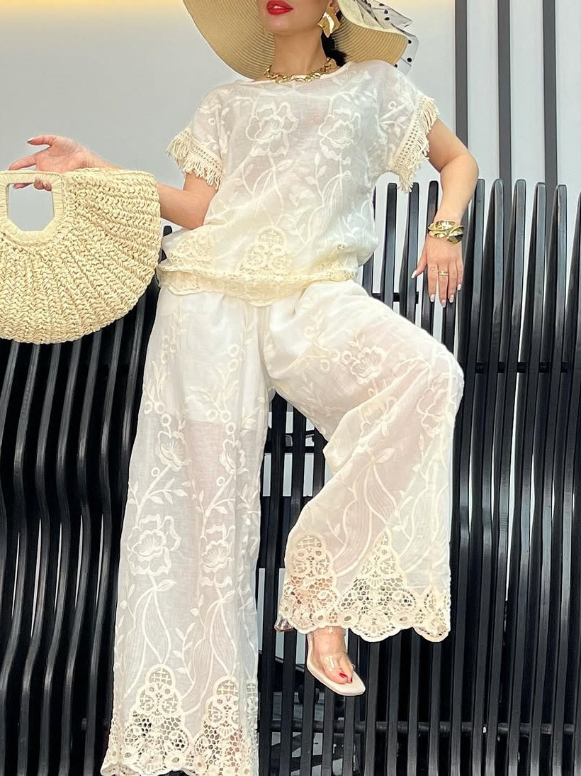 Lace Crew Neck Floral Pants