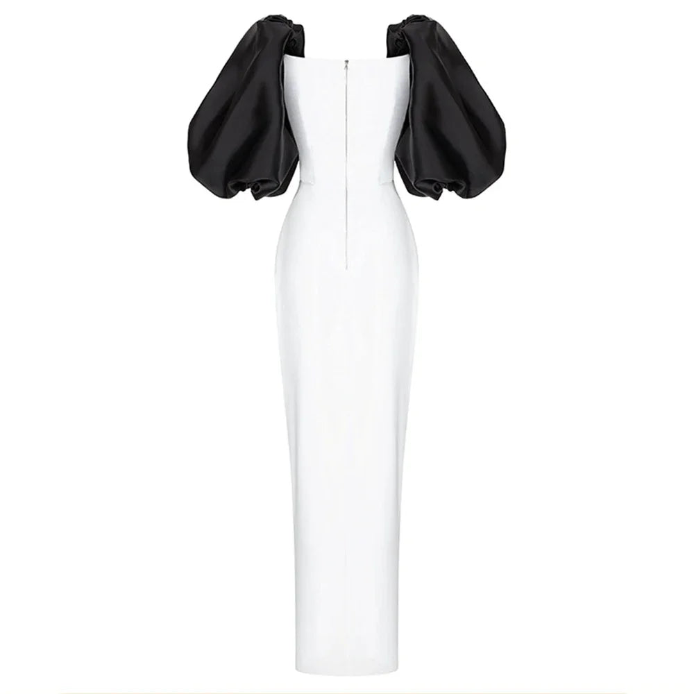 WHITE MAXI DRESS with BLACK PUFF SLEEVES