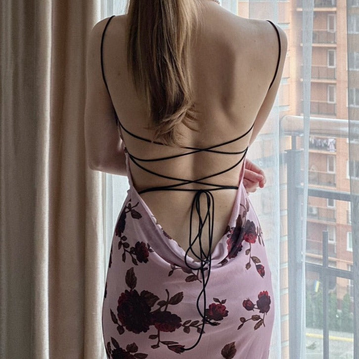 JAMI ROSE PRINT BACKLESS LACE UP MAXI DRESS