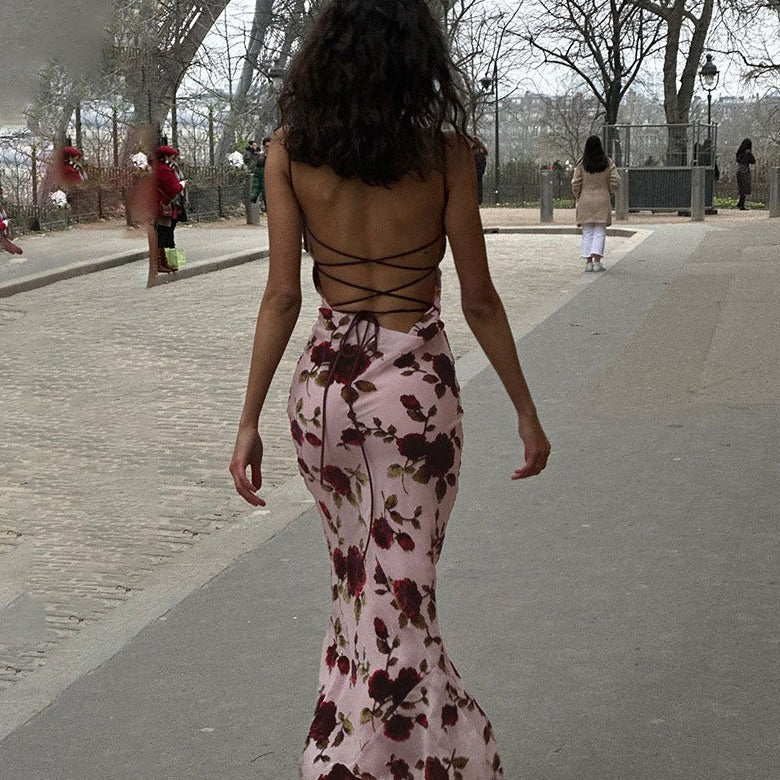JAMI ROSE PRINT BACKLESS LACE UP MAXI DRESS