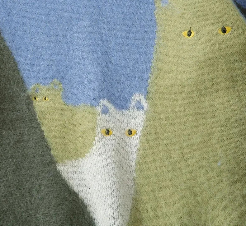 Men's Oversized Knitted Sweater with Cat Graphic