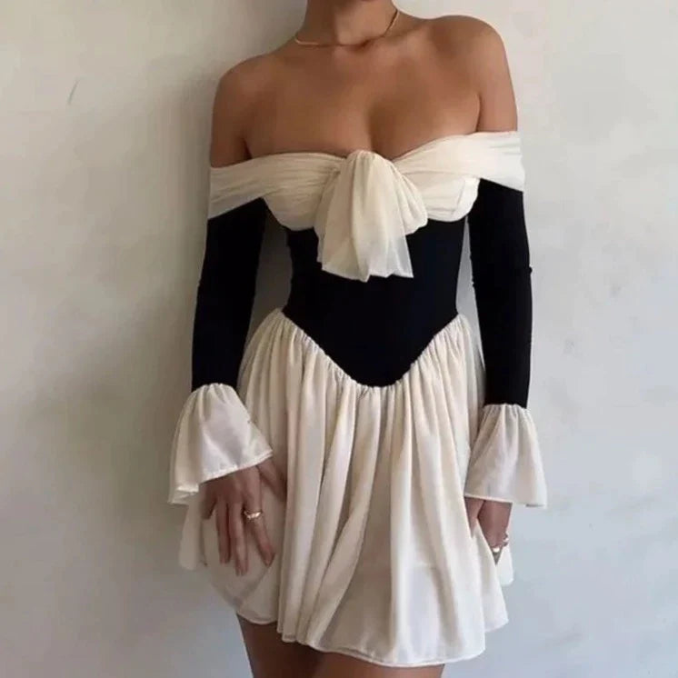 RUFFLES LONG SLEEVE OFF SHOULDER MINI DRESS