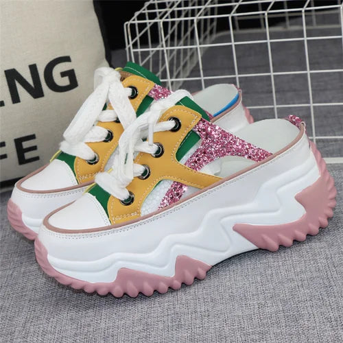 Leather Glitter Stride: 8cm Chunky Sneaker Sandals