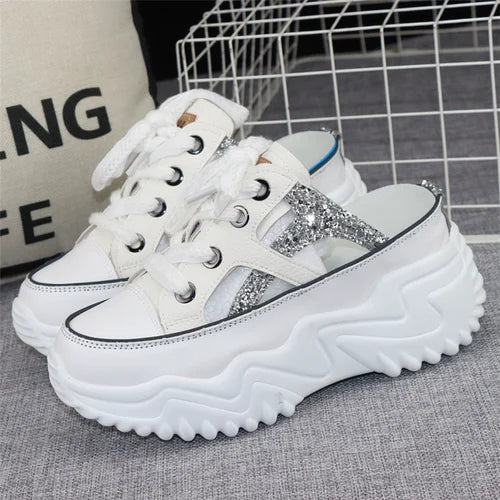 Leather Glitter Stride: 8cm Chunky Sneaker Sandals