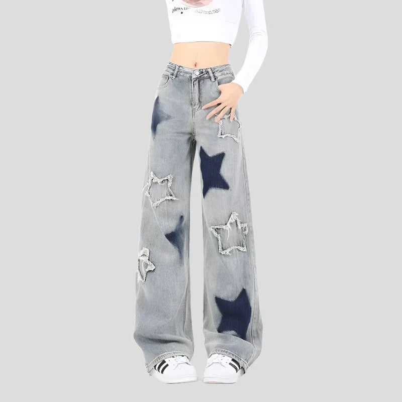 Blue Baggy Jeans with Five-Point Star Design