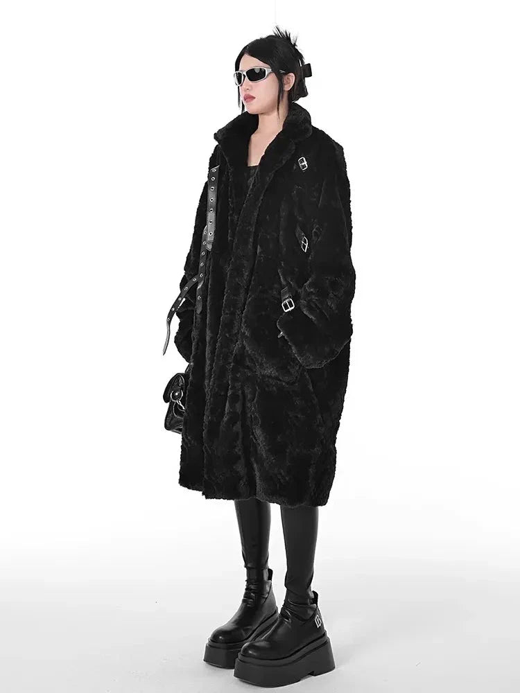 Punk Style Winter Women's Long Black Faux Fur Coat