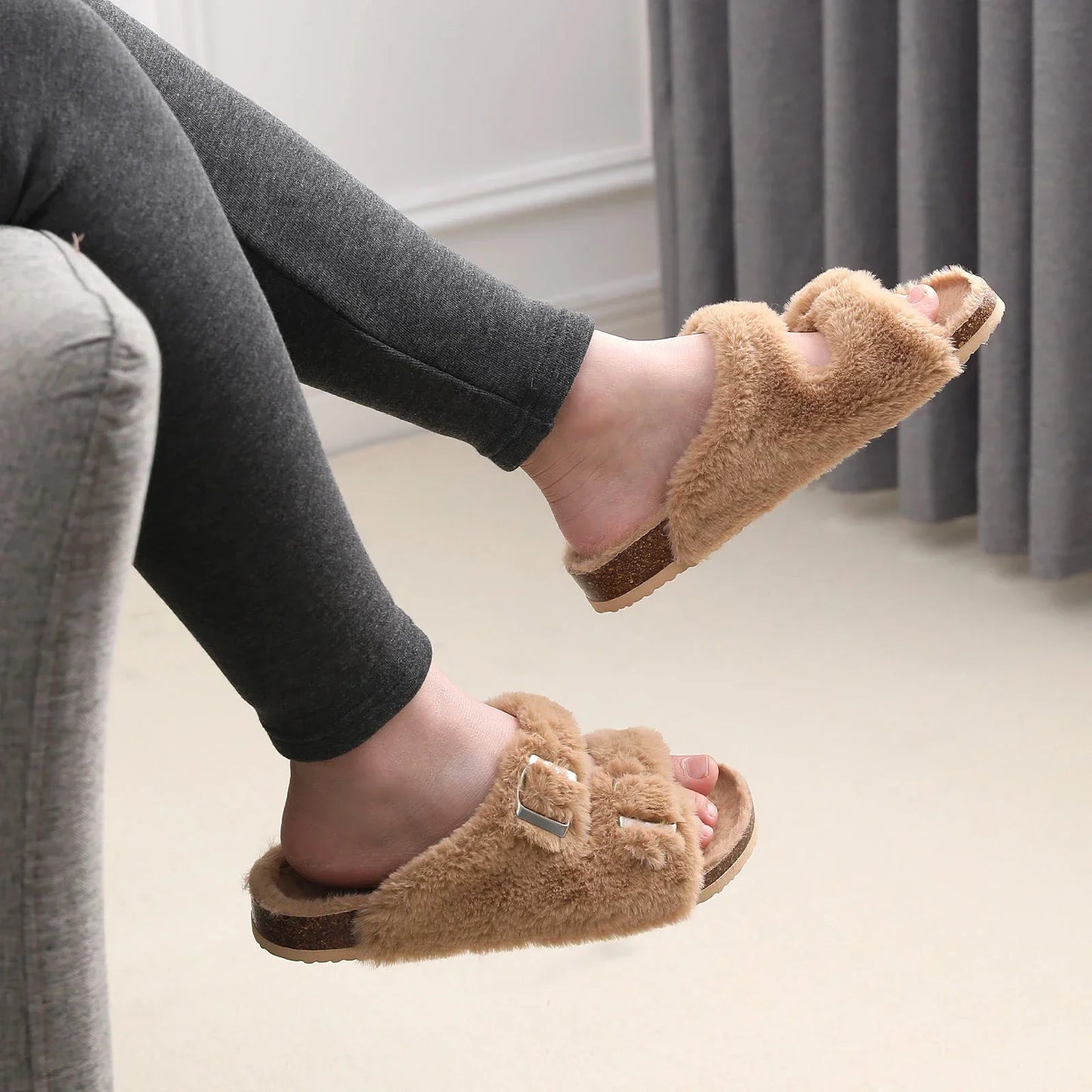 Cork Sole Slippers for Women with Furry Lining