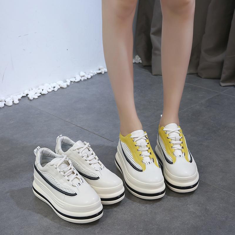 7cm Leather Hollow Platform Wedge Sneakers for Women