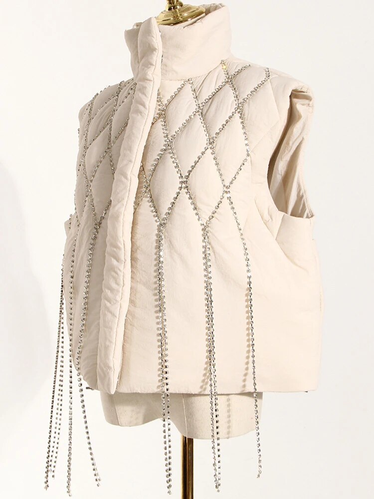 DEAT Fashion Women's Waistcoat Loose Stand Collar Single Breasted Sleeveless Plaid Diamonds Tassel Vest Winter 2023 New 1DF2572