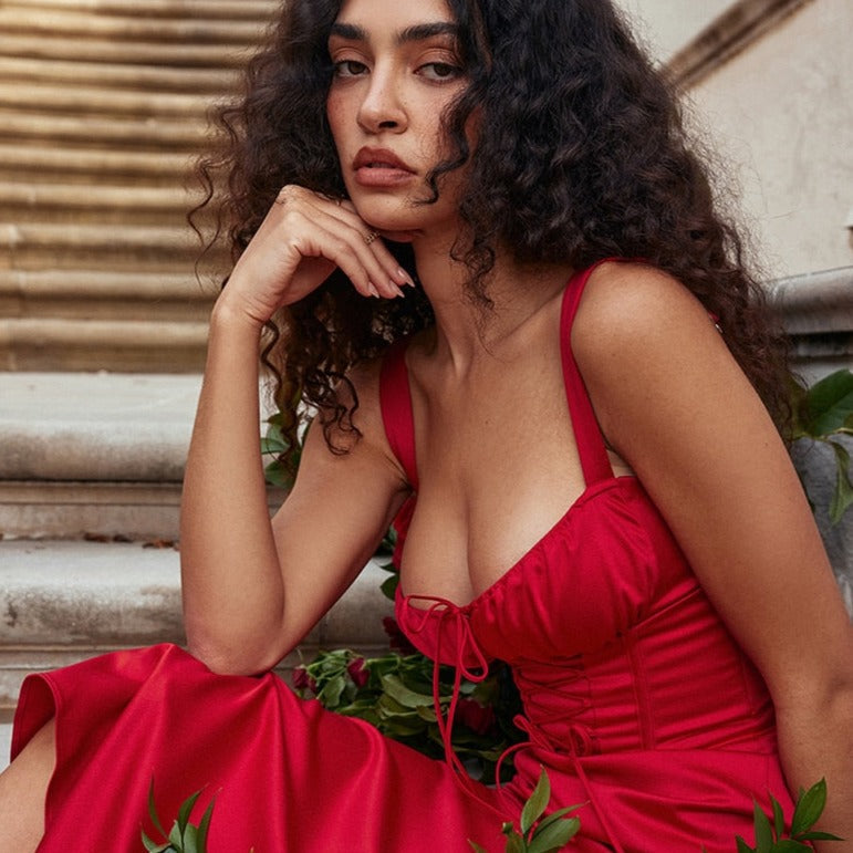DYNA CORSET STRAPS LACE UP MIDI DRESS