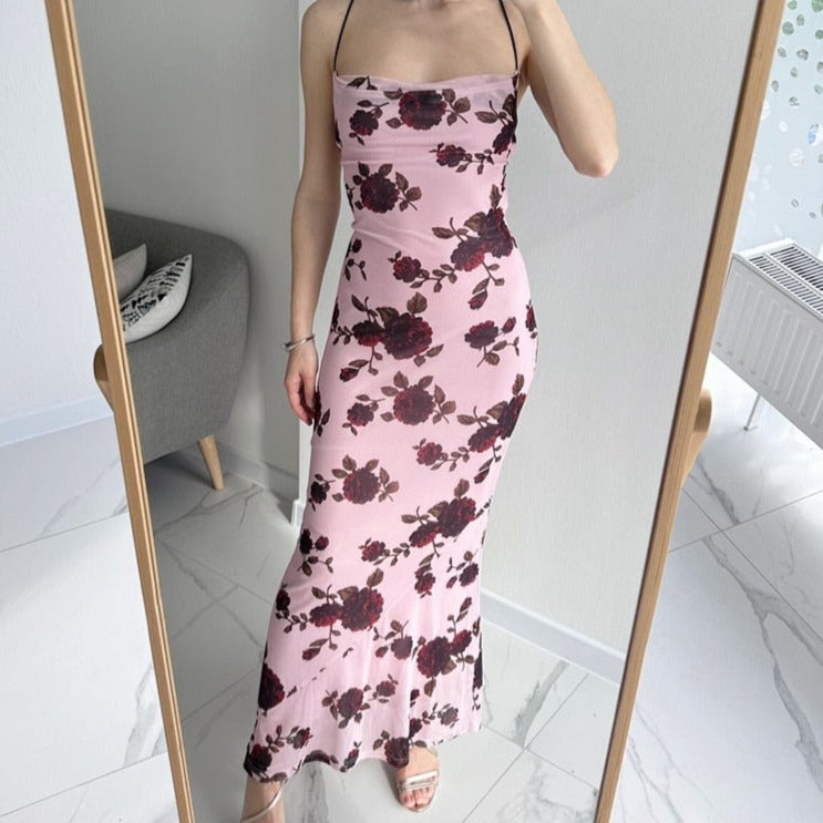 JAMI ROSE PRINT BACKLESS LACE UP MAXI DRESS