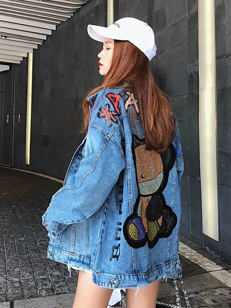 Whimsical Stitch: Women's Thin Embroidered Cartoon Jean Jacket