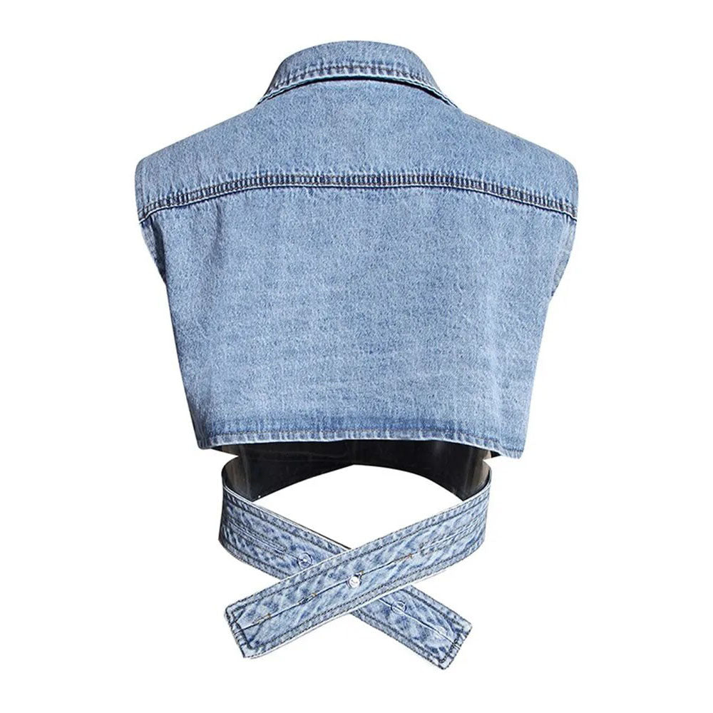 LAYVA WHITE SHIRT with PUFF SLEEVES and CROSS DENIM VEST 2 PIECE SET