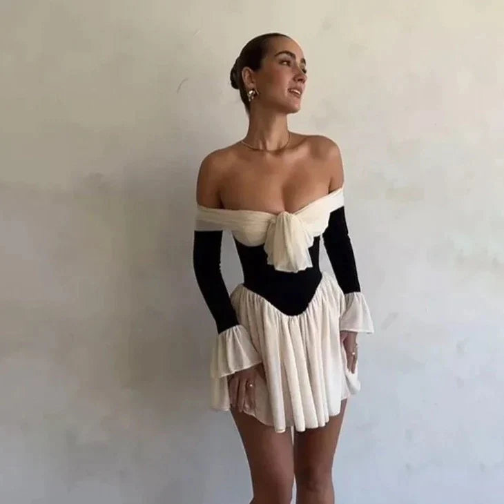 RUFFLES LONG SLEEVE OFF SHOULDER MINI DRESS