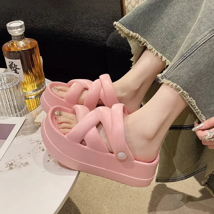 Slide Sandals: Heightened with Crossover for Women