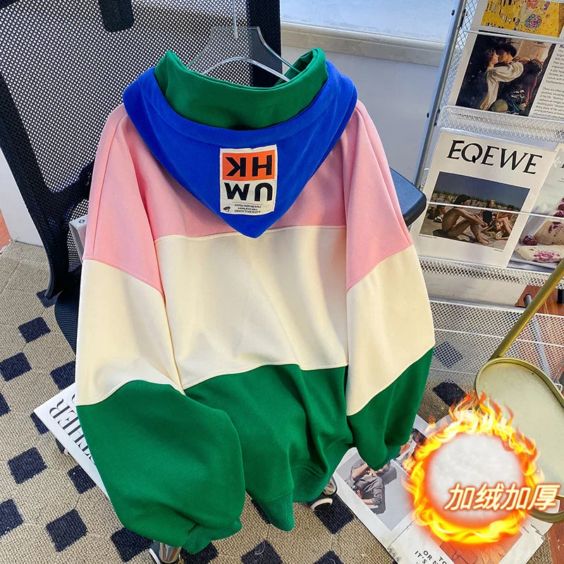 Oversize Contrast Fleece Hoodie for Women