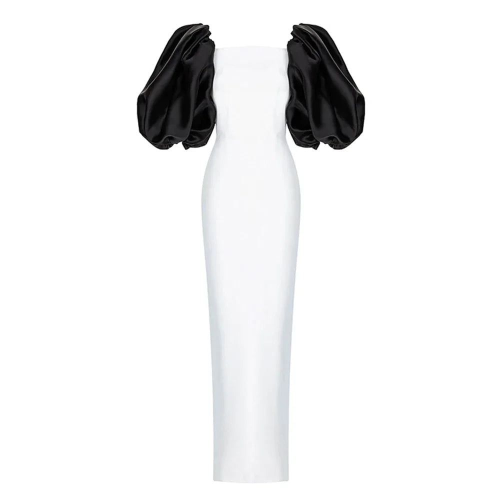 WHITE MAXI DRESS with BLACK PUFF SLEEVES