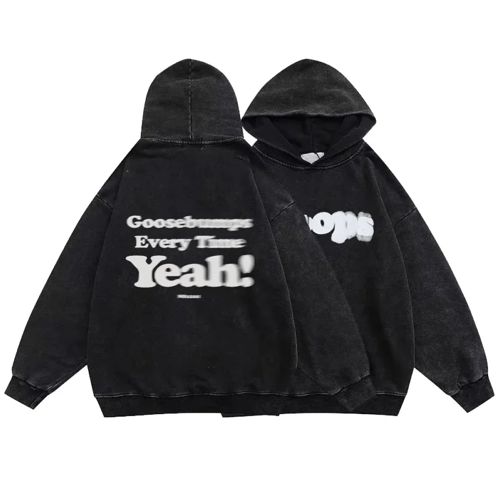 Washed Black Hoodie: Gothic Cotton Pullover Streetwear for Men and Women