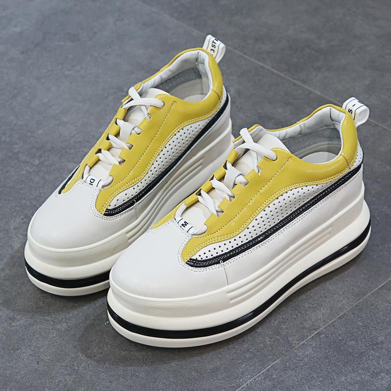 7cm Leather Hollow Platform Wedge Sneakers for Women