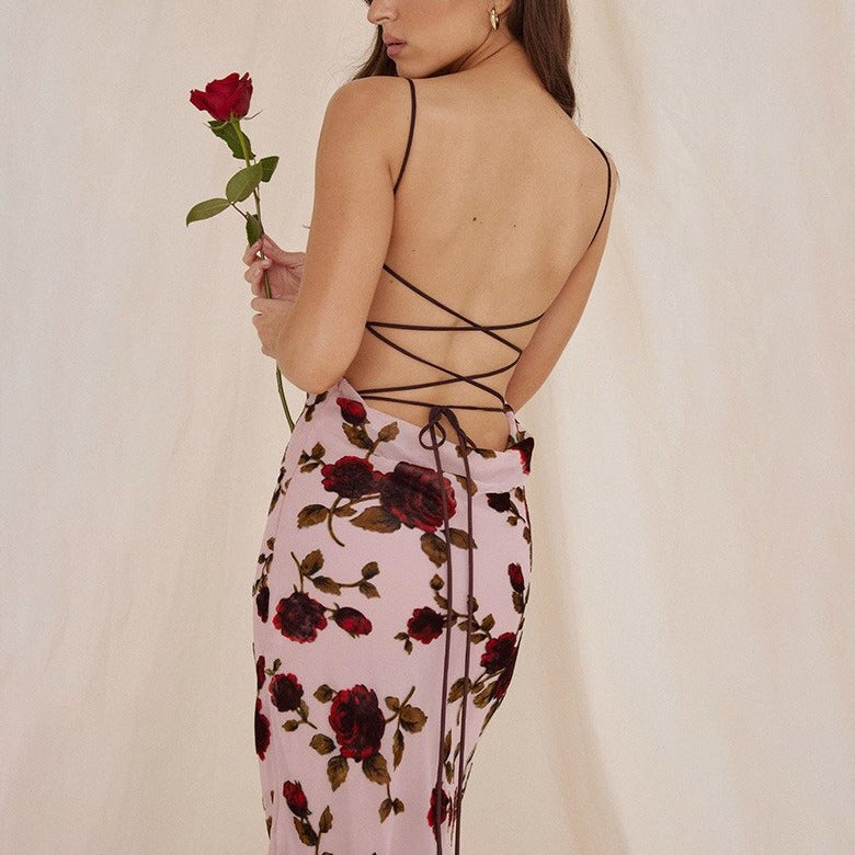 JAMI ROSE PRINT BACKLESS LACE UP MAXI DRESS