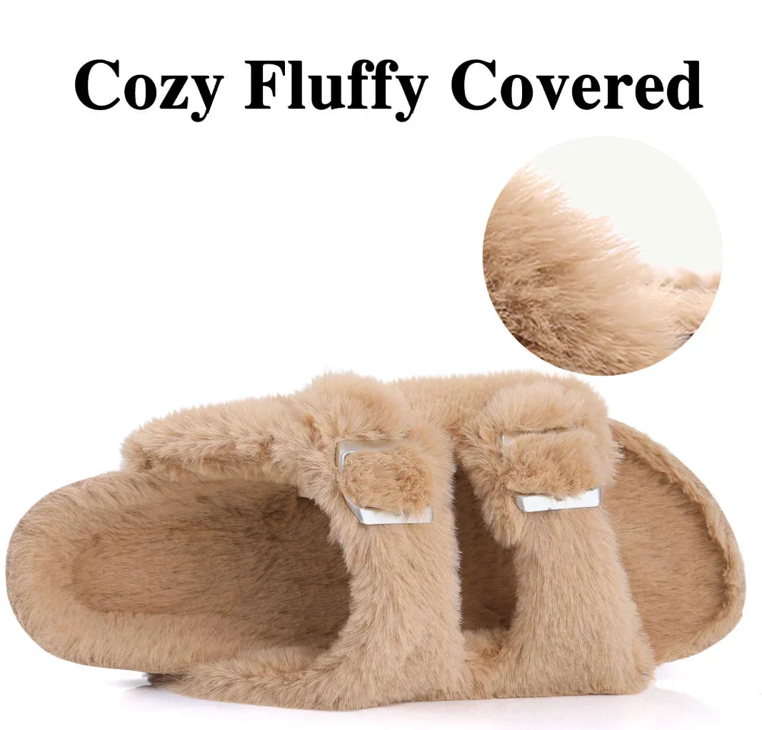 Cork Sole Slippers for Women with Furry Lining