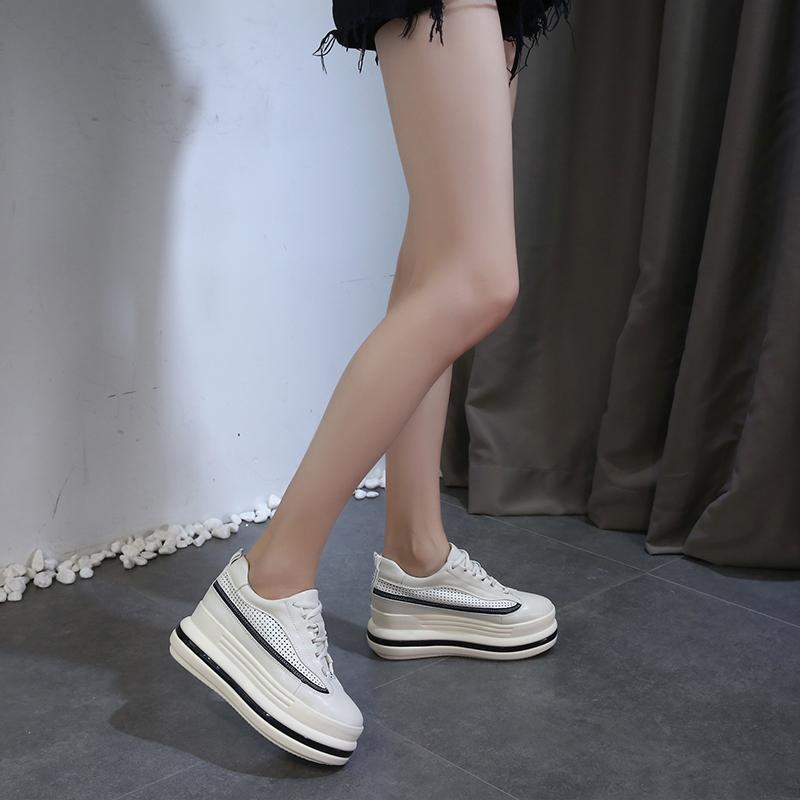 7cm Leather Hollow Platform Wedge Sneakers for Women