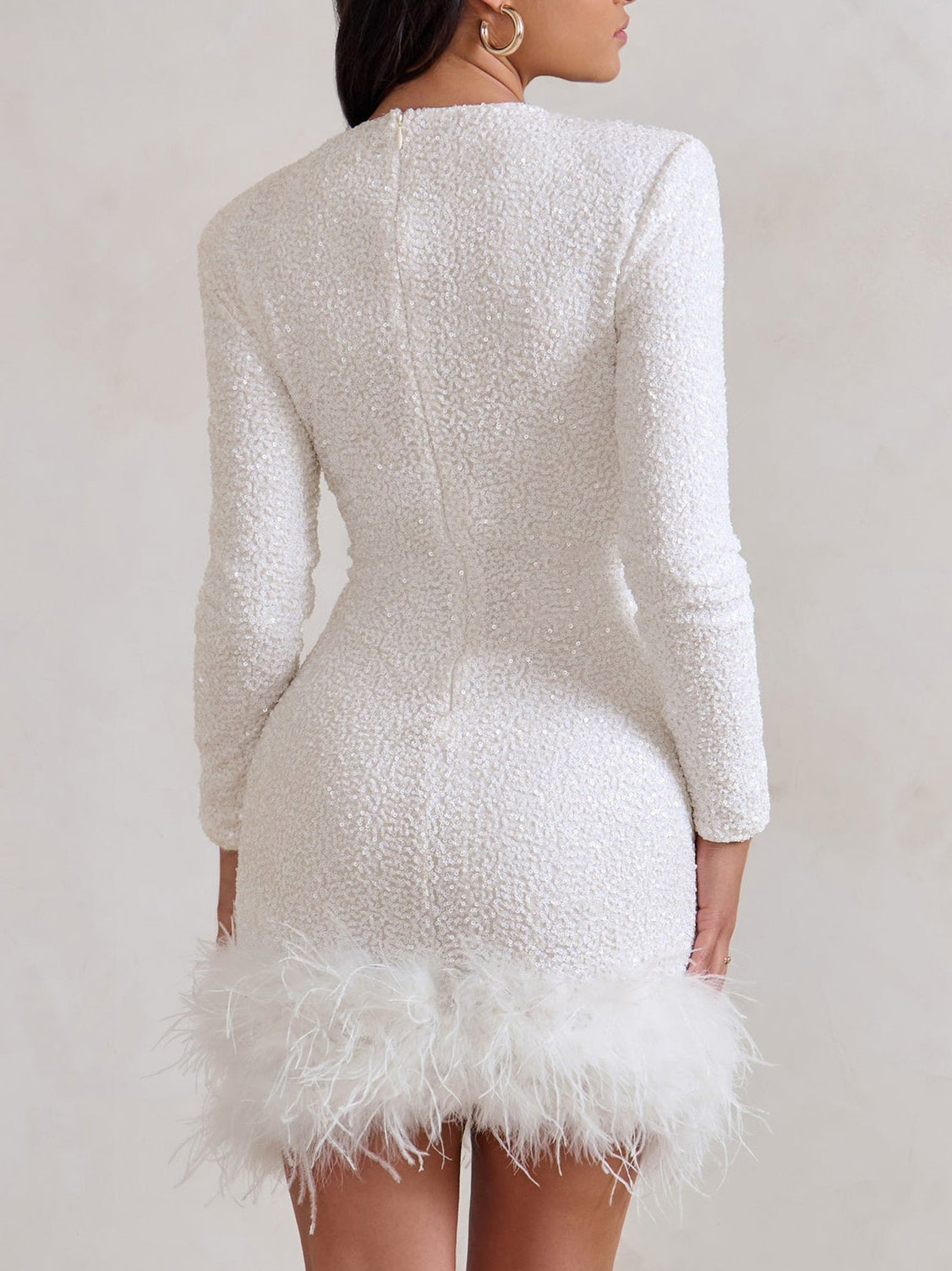 High Neck White Sequin Feather Hem Mini Dress