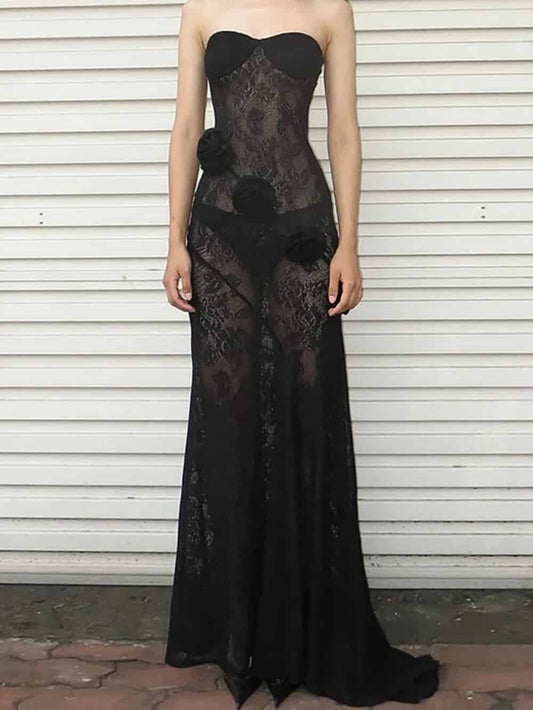 3D Flower Decor Lace Fishtail Hem See Through Strapless Maxi Dress