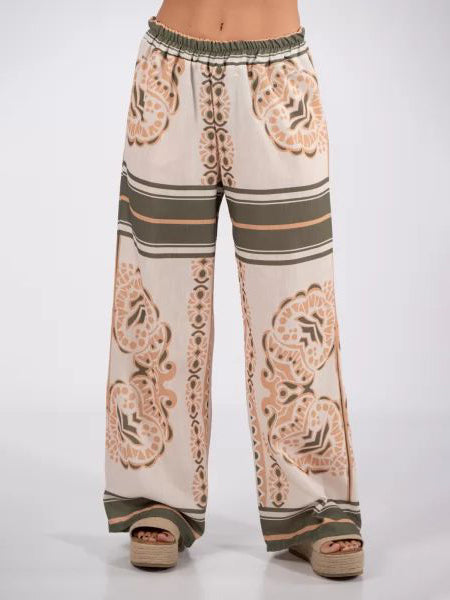 Vintage Colorblock Floral Print Elastic Waist Pocket Wide Leg Pants