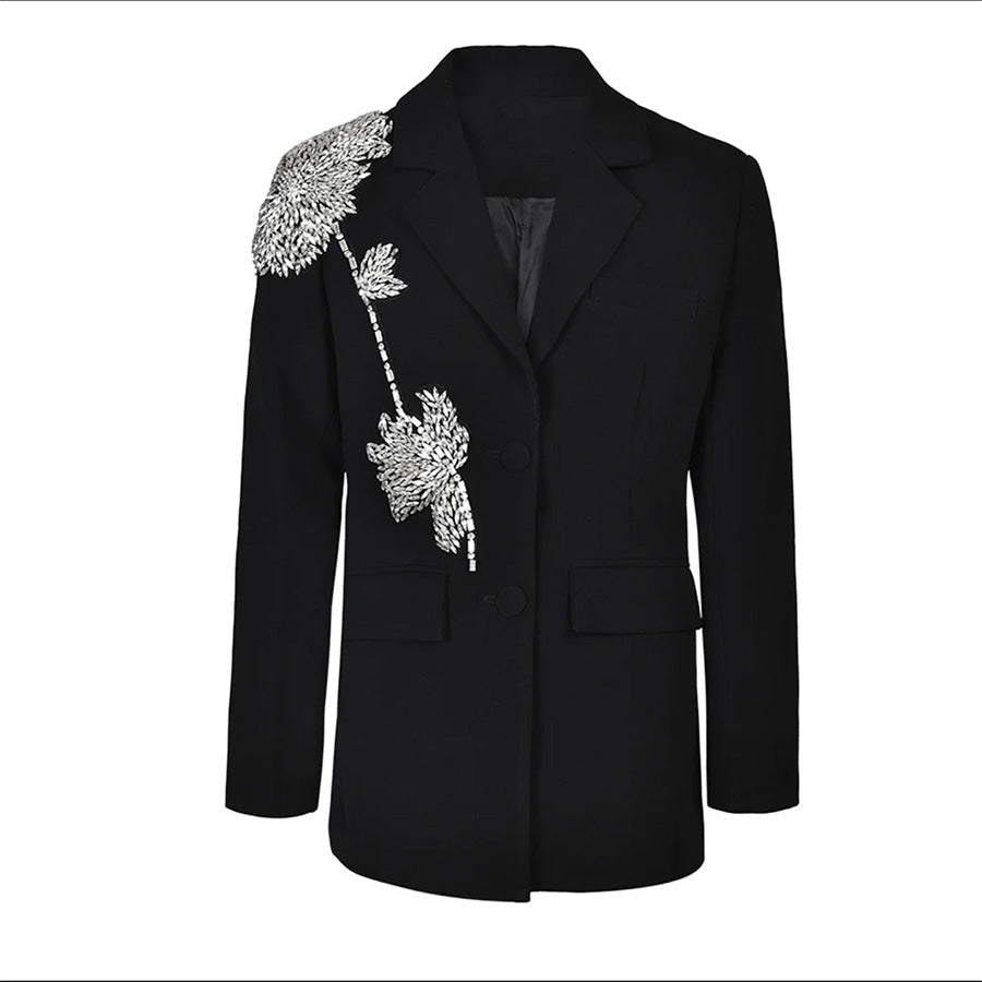 BLACK BLAZER with RHINESTONE FLOWER