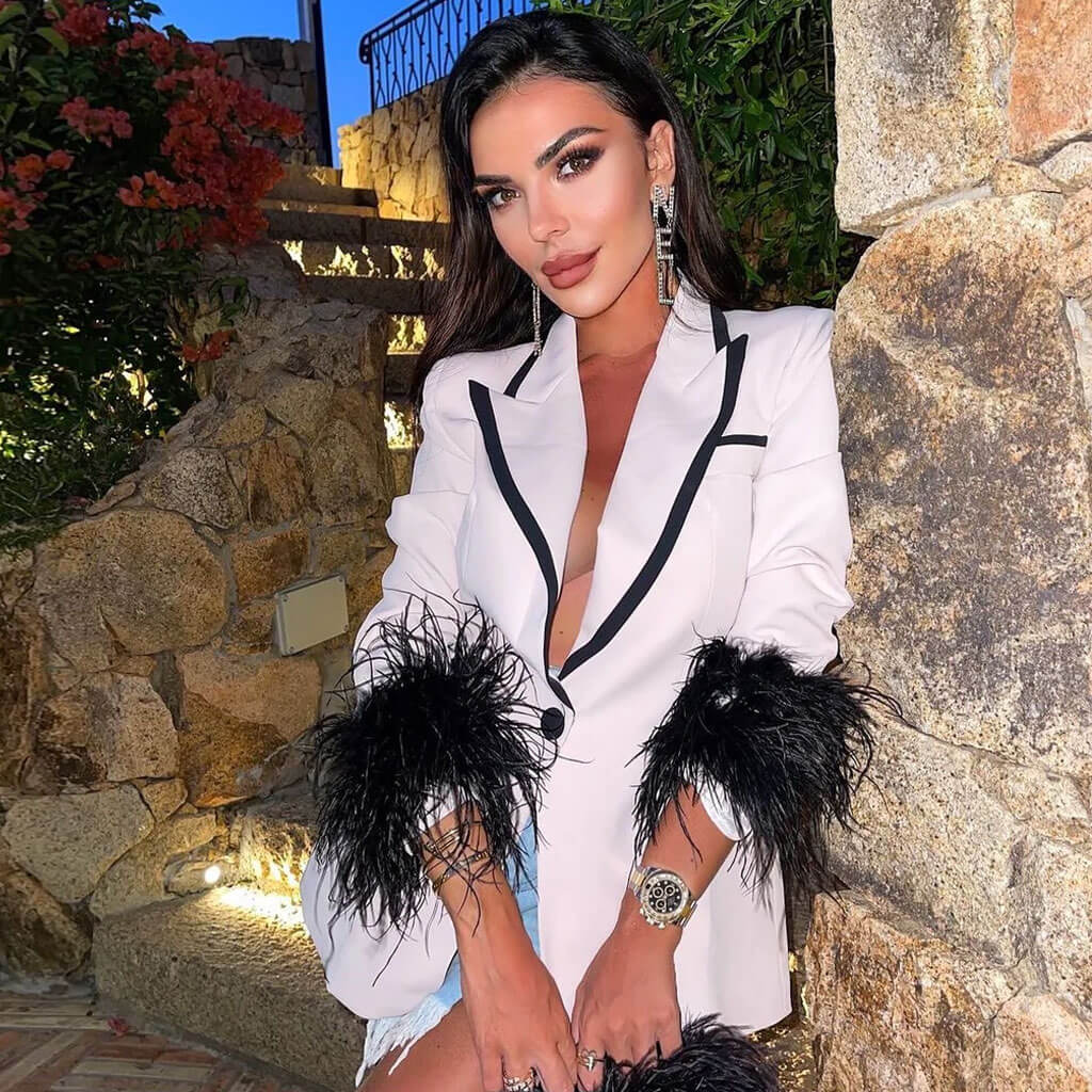 Classy Contrast Trim Faux Feather Cuff Single Breasted Tailored Blazer - Light Pink