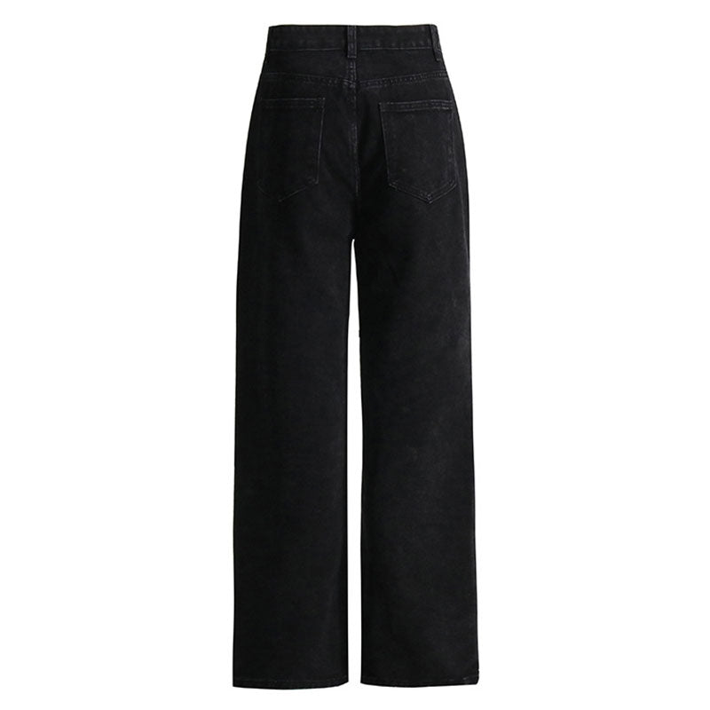 Cool Dark Wash Frayed Cutout High Waist Straight Leg Denim Jeans