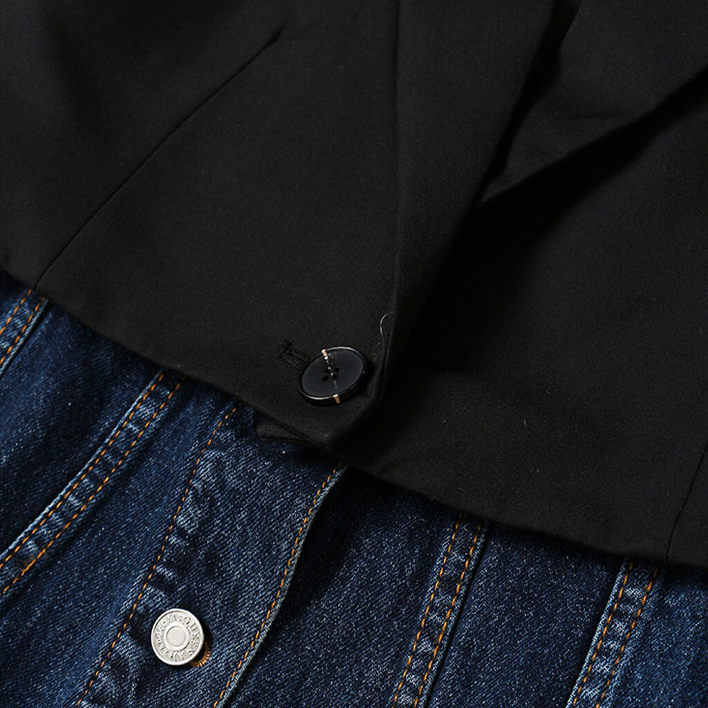 Deconstructed Two Tone Lapel Collar Single Breasted Hybrid Layered Denim Blazer
