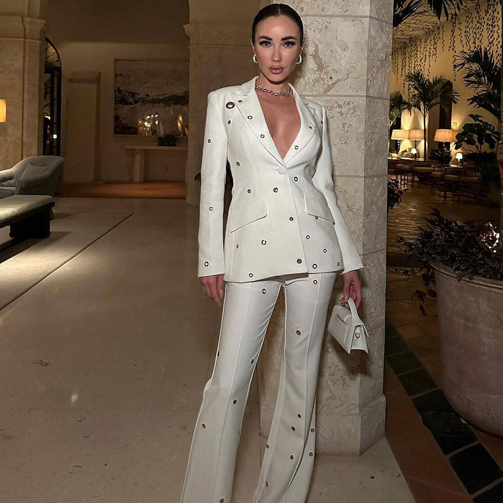 Edge Metallic Detail Peak Lapel Single Breasted Bootcut Blazer Matching Set