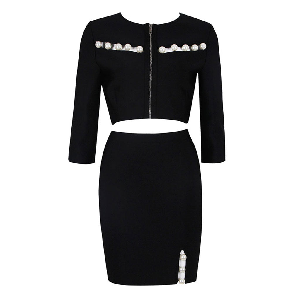Elegant Imitated Pearl Cutout Trim Split Elbow Sleeve Bandage Matching Set