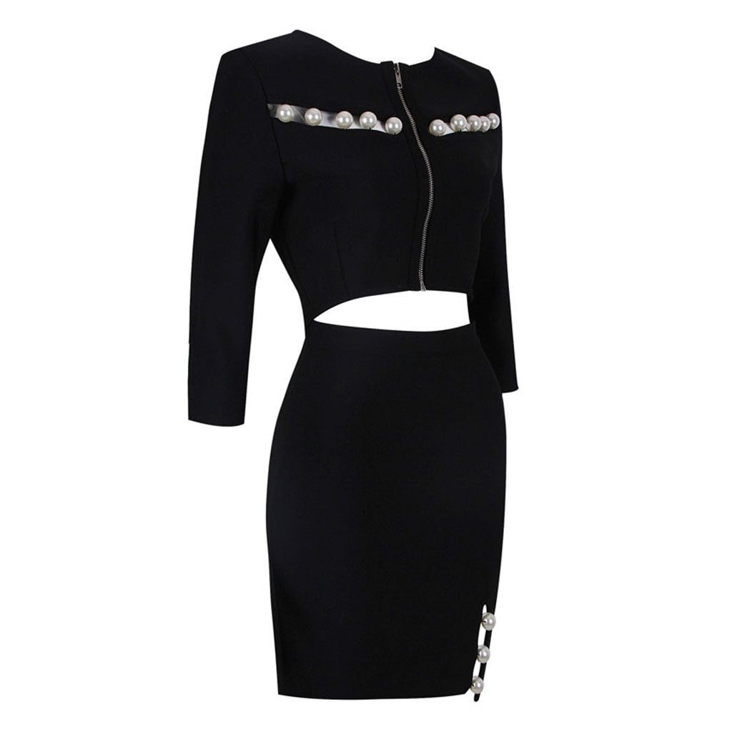 Elegant Imitated Pearl Cutout Trim Split Elbow Sleeve Bandage Matching Set