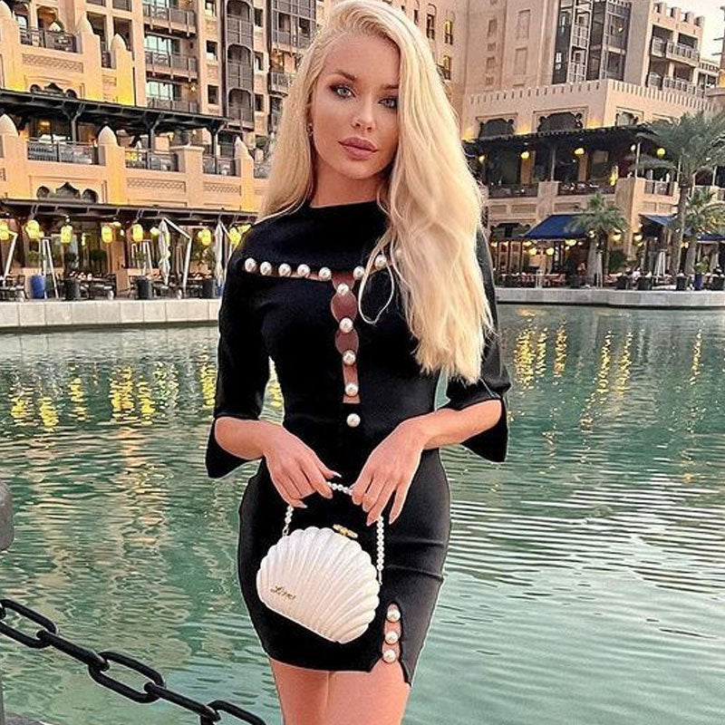 Elegant Imitated Pearl Cutout Trim Split Elbow Sleeve Bandage Matching Set