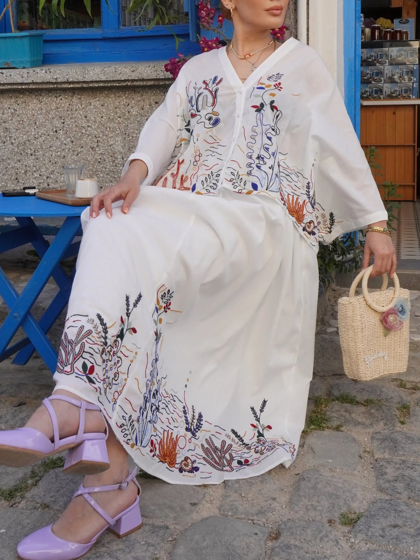 Embroidered Lined Midi Skirt Shirt Set