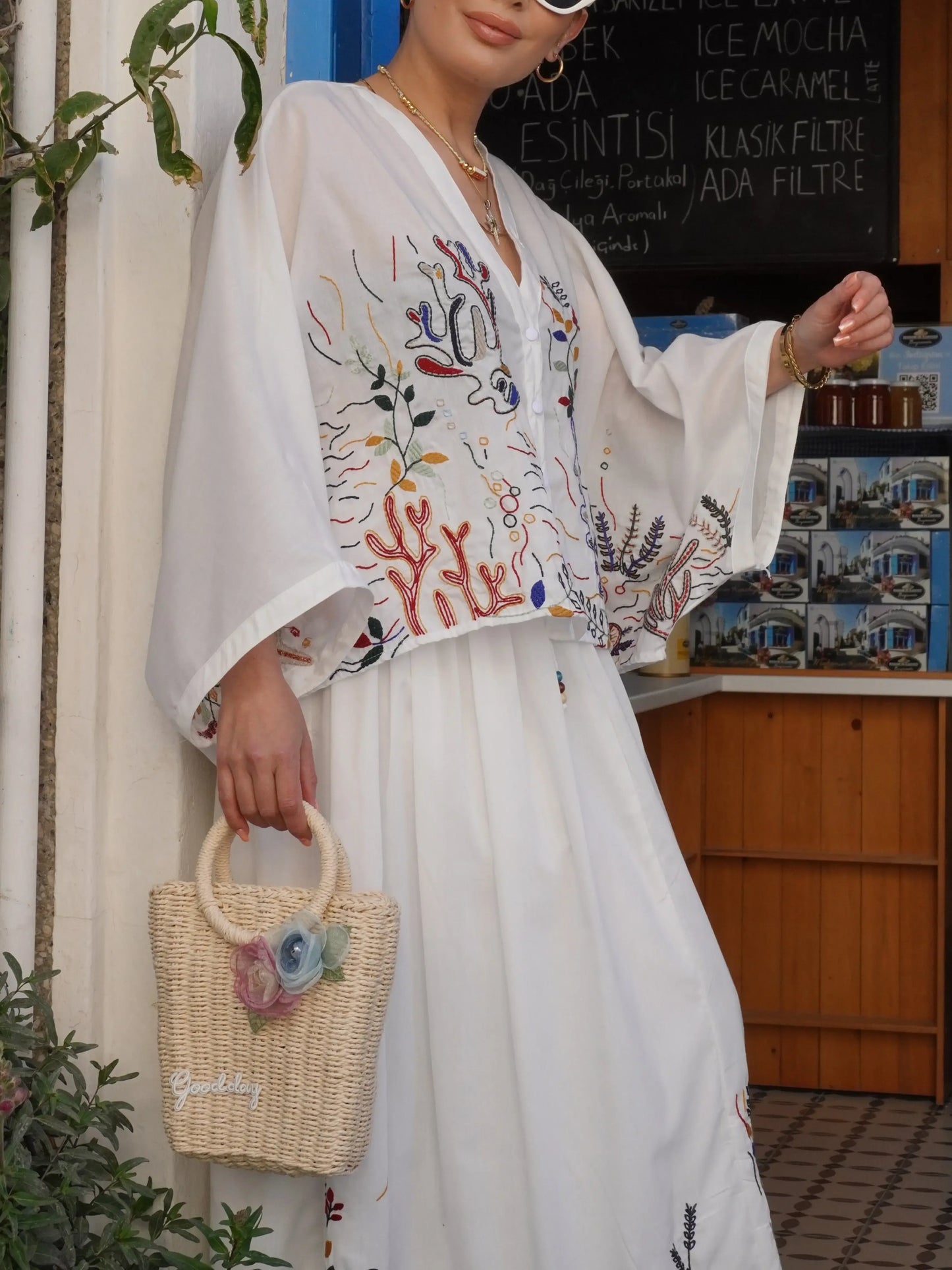 Embroidered Lined Midi Skirt Shirt Set