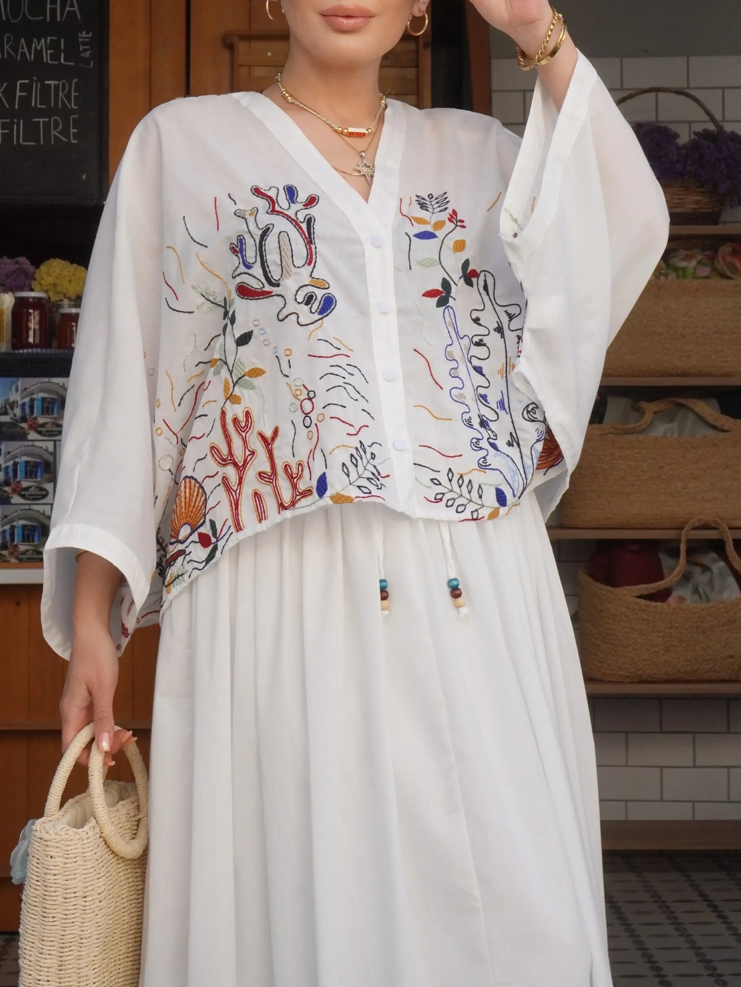 Embroidered Lined Midi Skirt Shirt Set