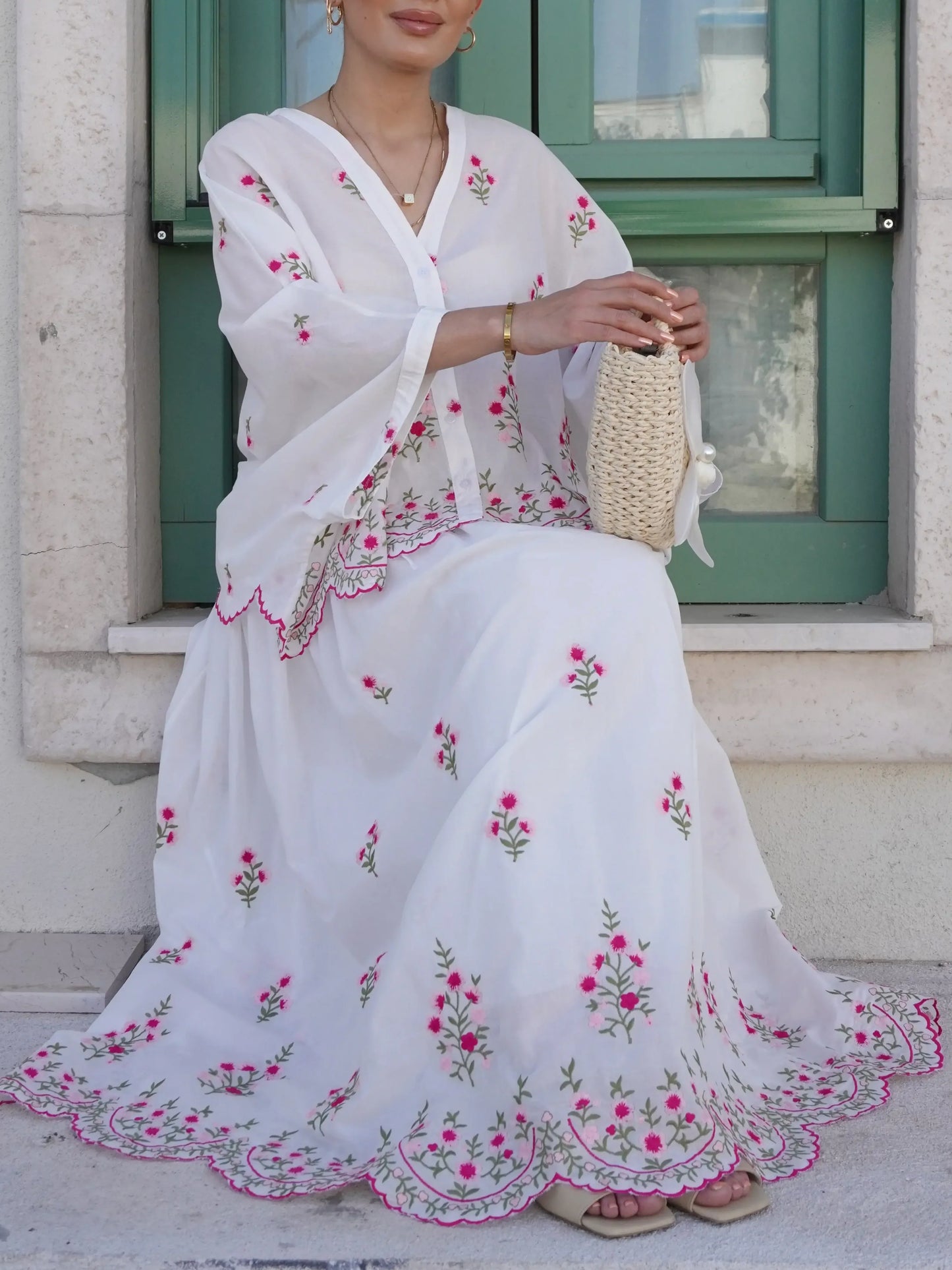Floral Embroidered White Skirt Blouse Set