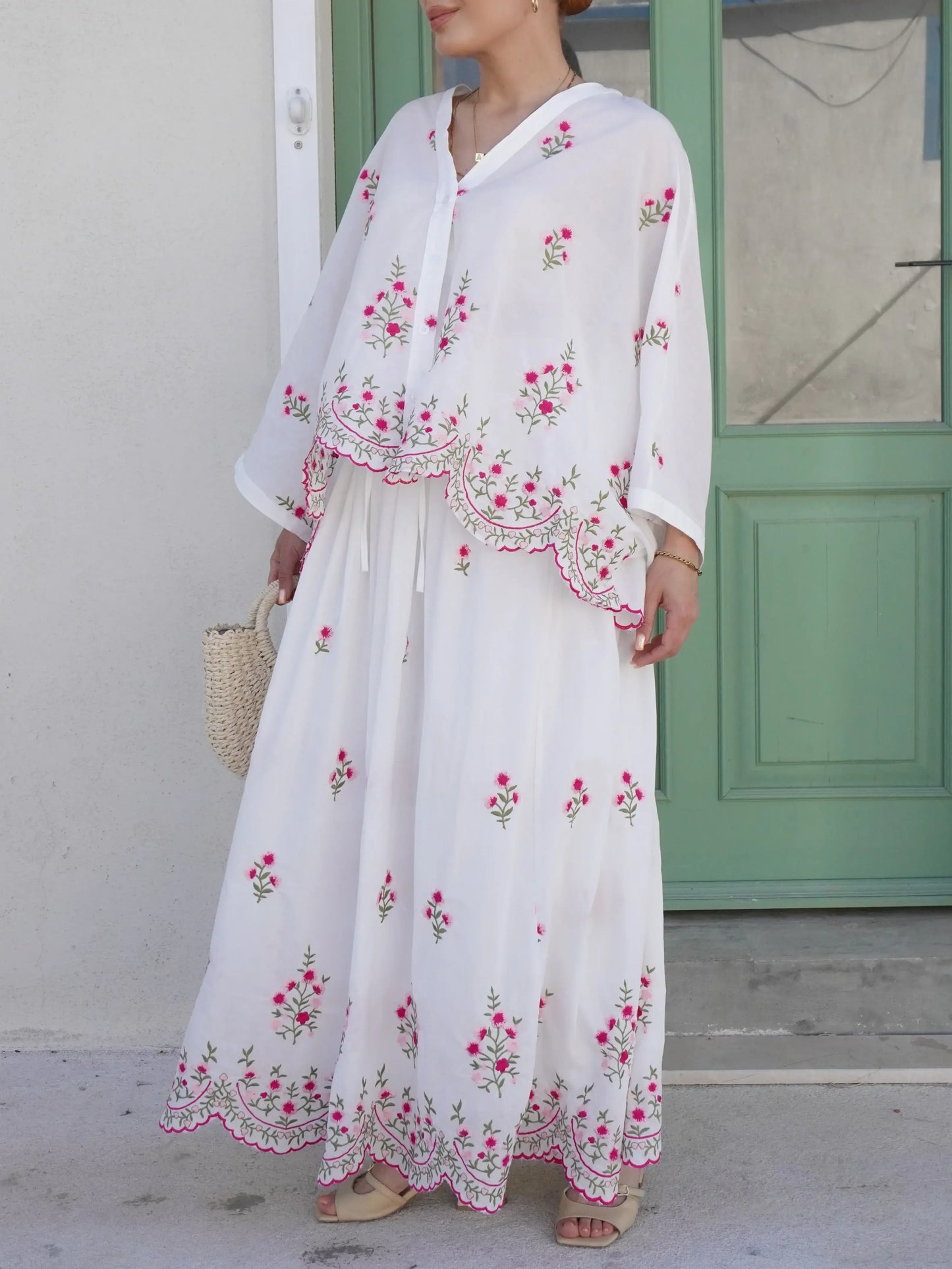 Floral Embroidered White Skirt Blouse Set