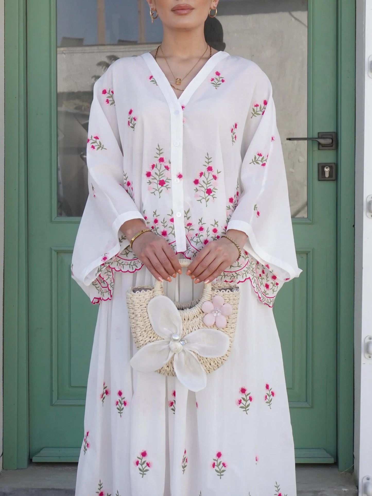 Floral Embroidered White Skirt Blouse Set