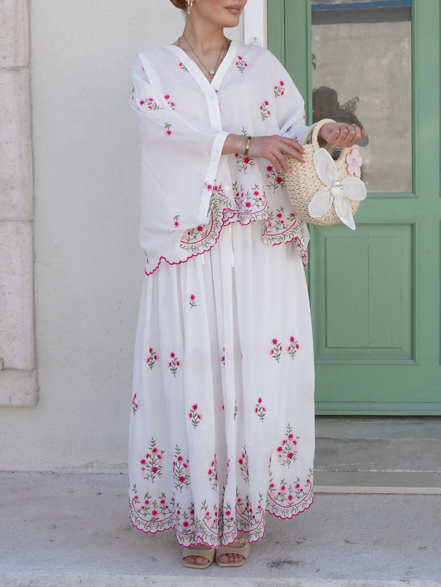 Floral Embroidered White Skirt Blouse Set