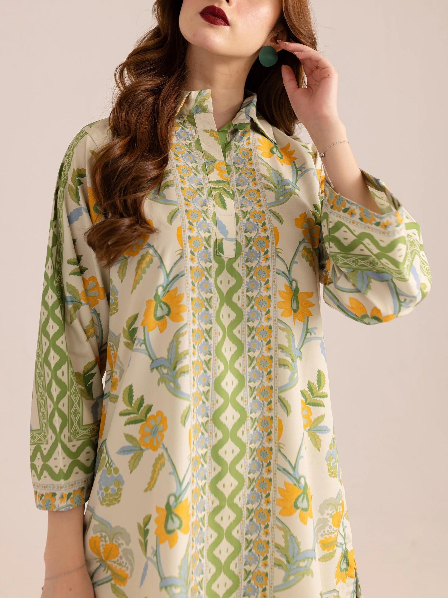 Green Trim Details Bohemian Floral Print Co-ord Set