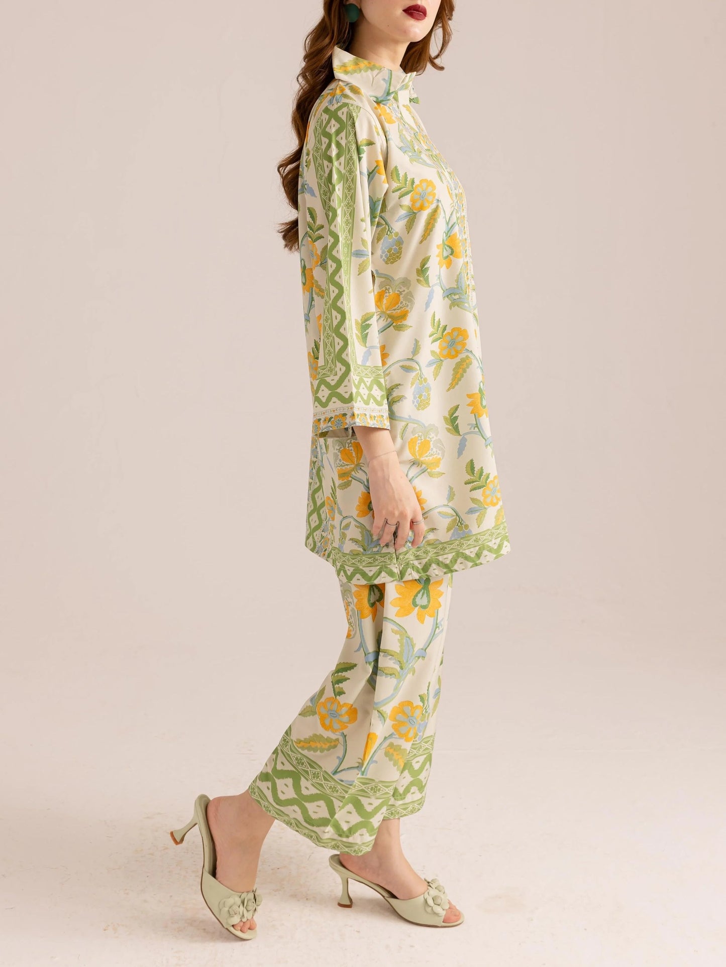 Green Trim Details Bohemian Floral Print Co-ord Set