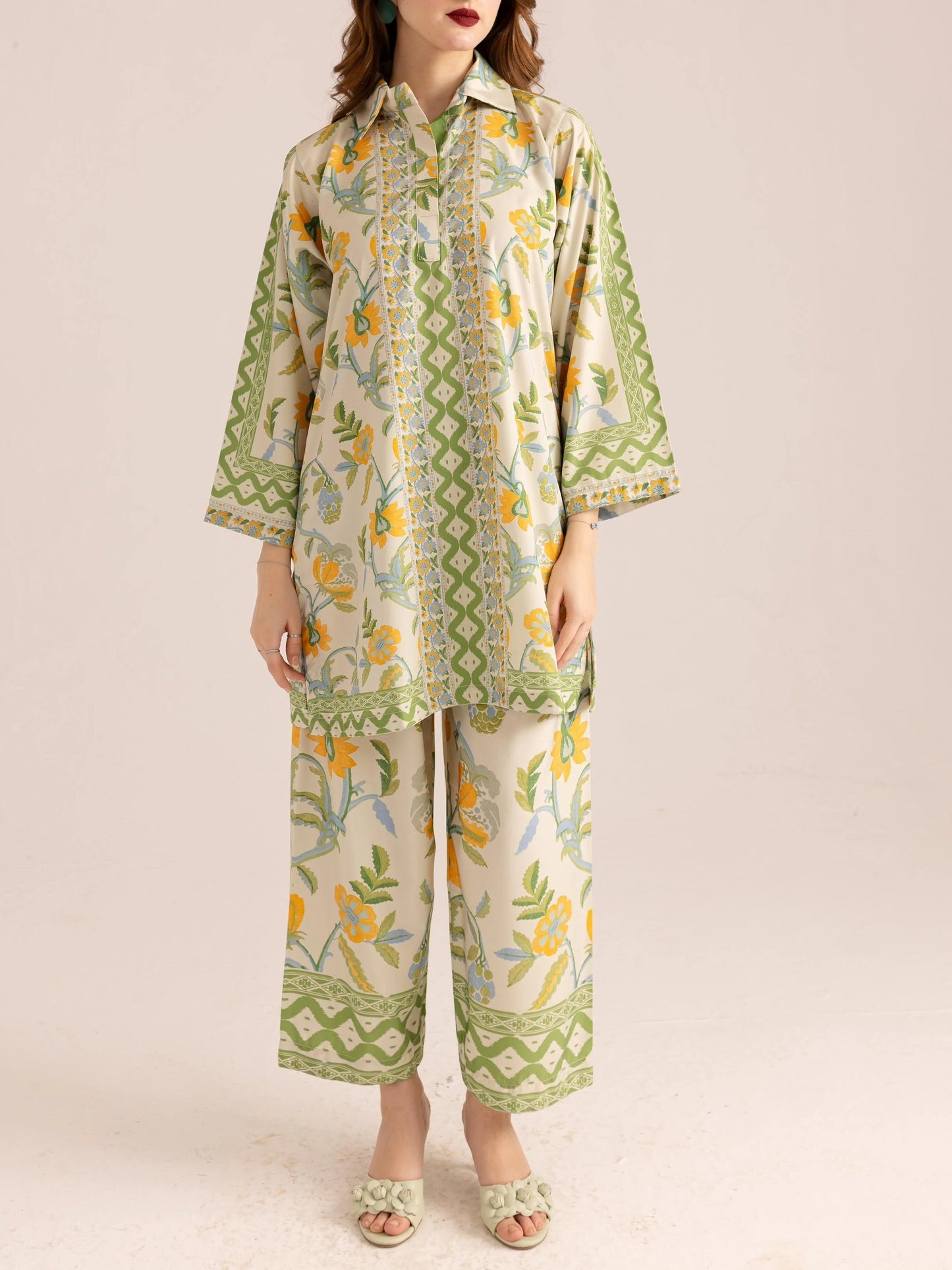 Green Trim Details Bohemian Floral Print Co-ord Set