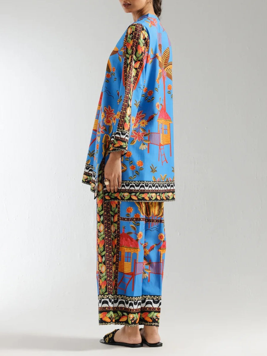 Tropical Hut Floral Prints Blue Co-ord Set