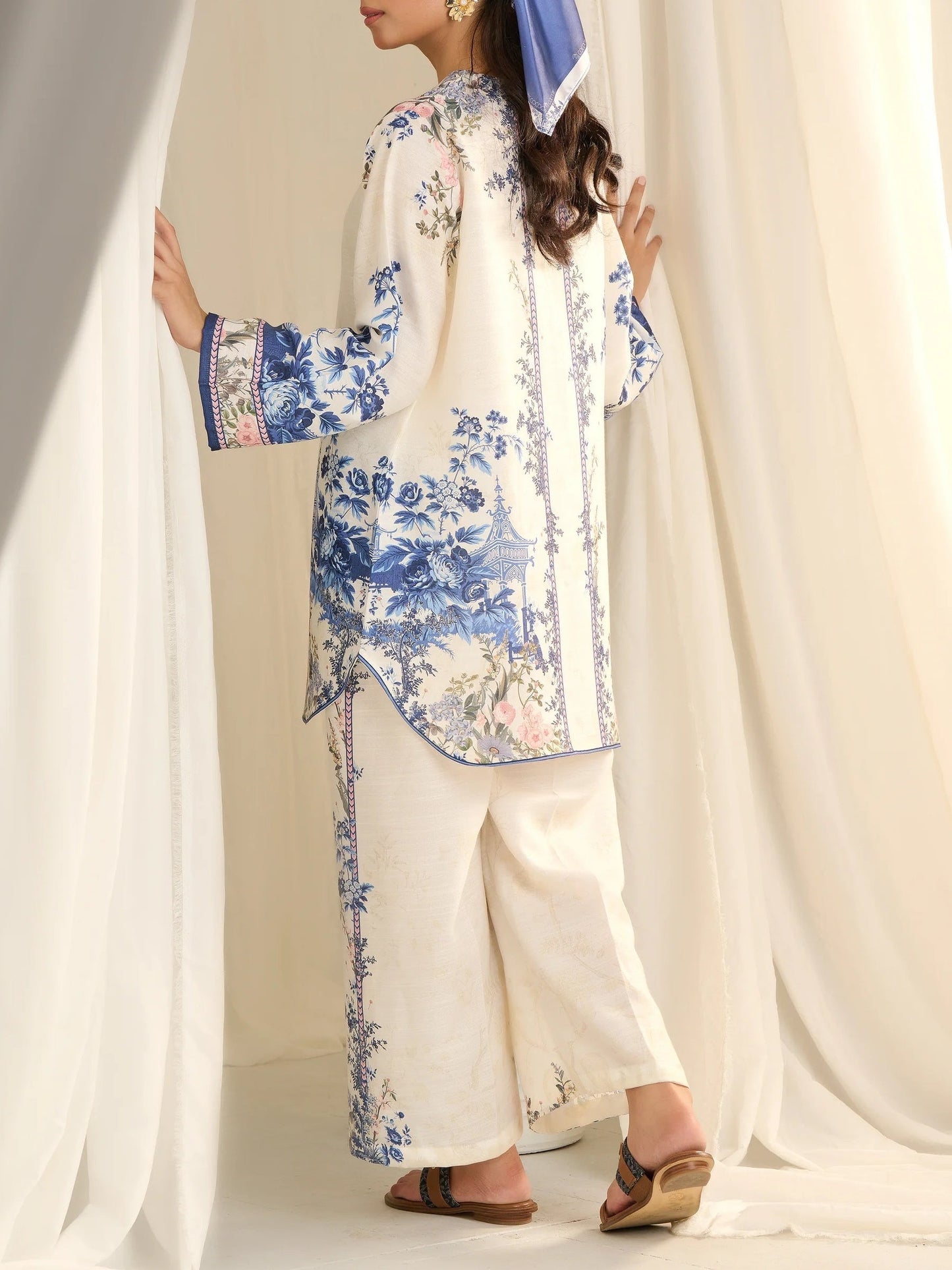 Blue Floral Accents Elegant Ivory Co-ord Set